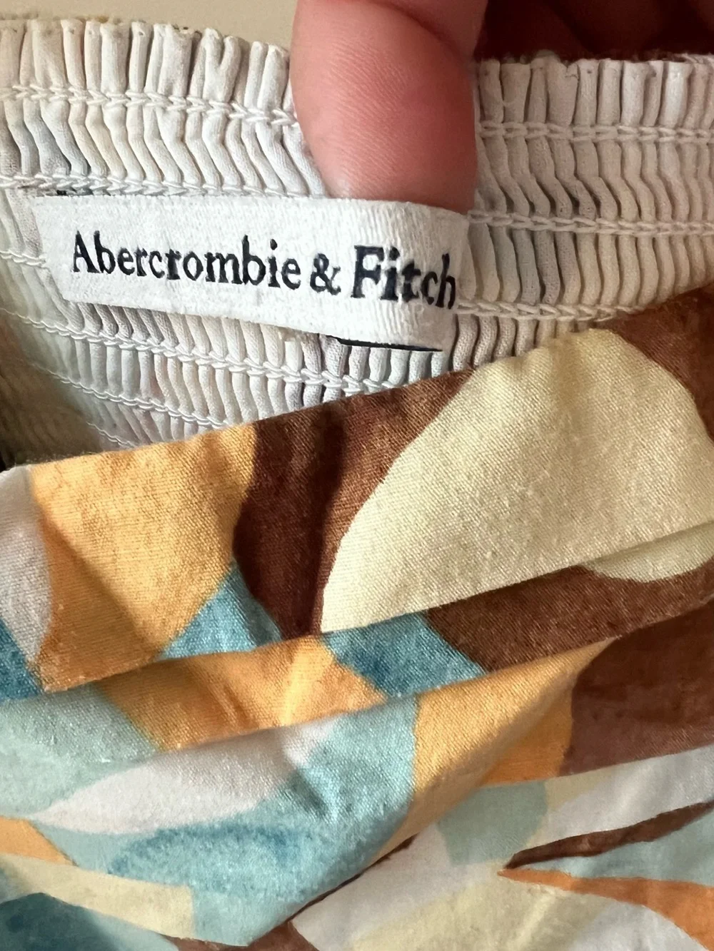 Abercrombie & Fitch Square-Neck Puff Sleeve Printed Top - Blue, Brown, Tan M